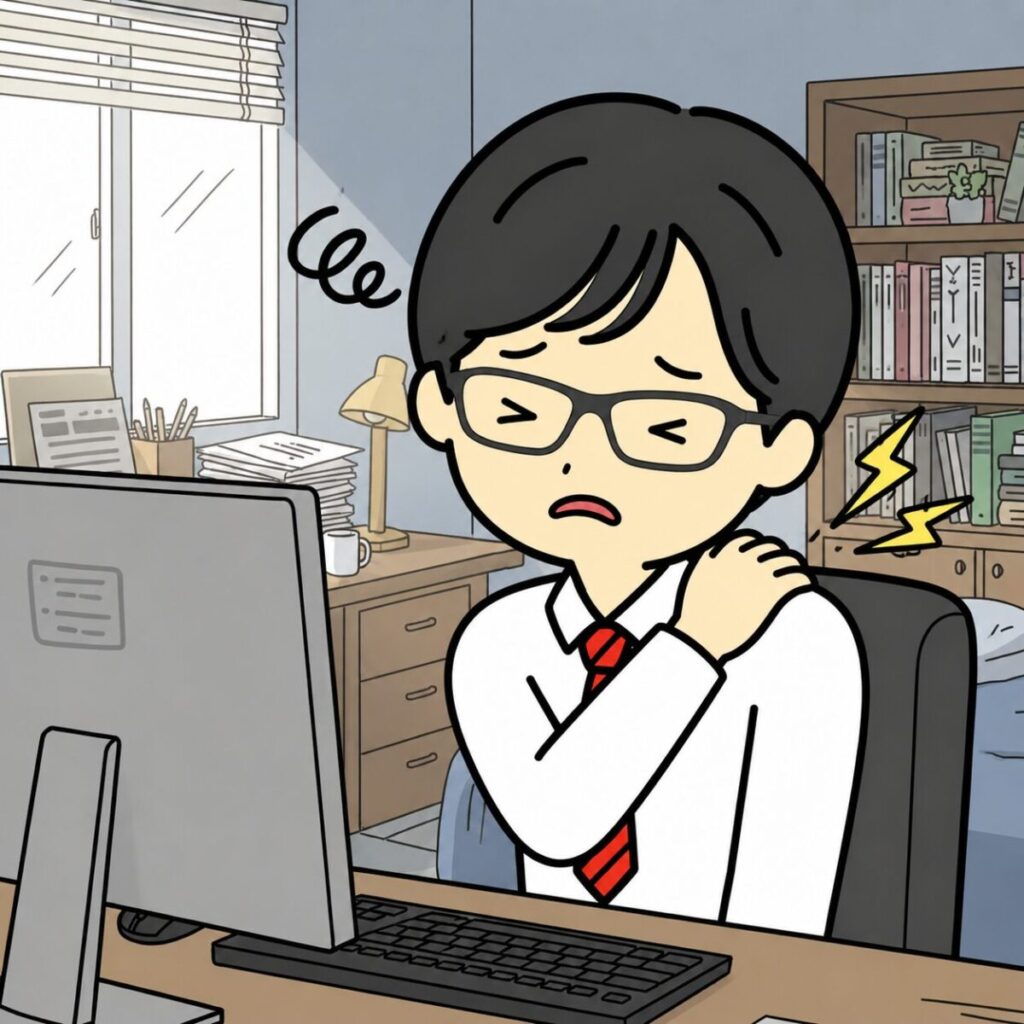 肩の痛みを気にしている男性のイラスト