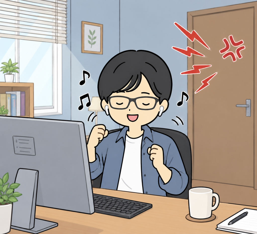 イヤホンで耳が塞がれているので、周囲の事が聞こえない男性のイラスト