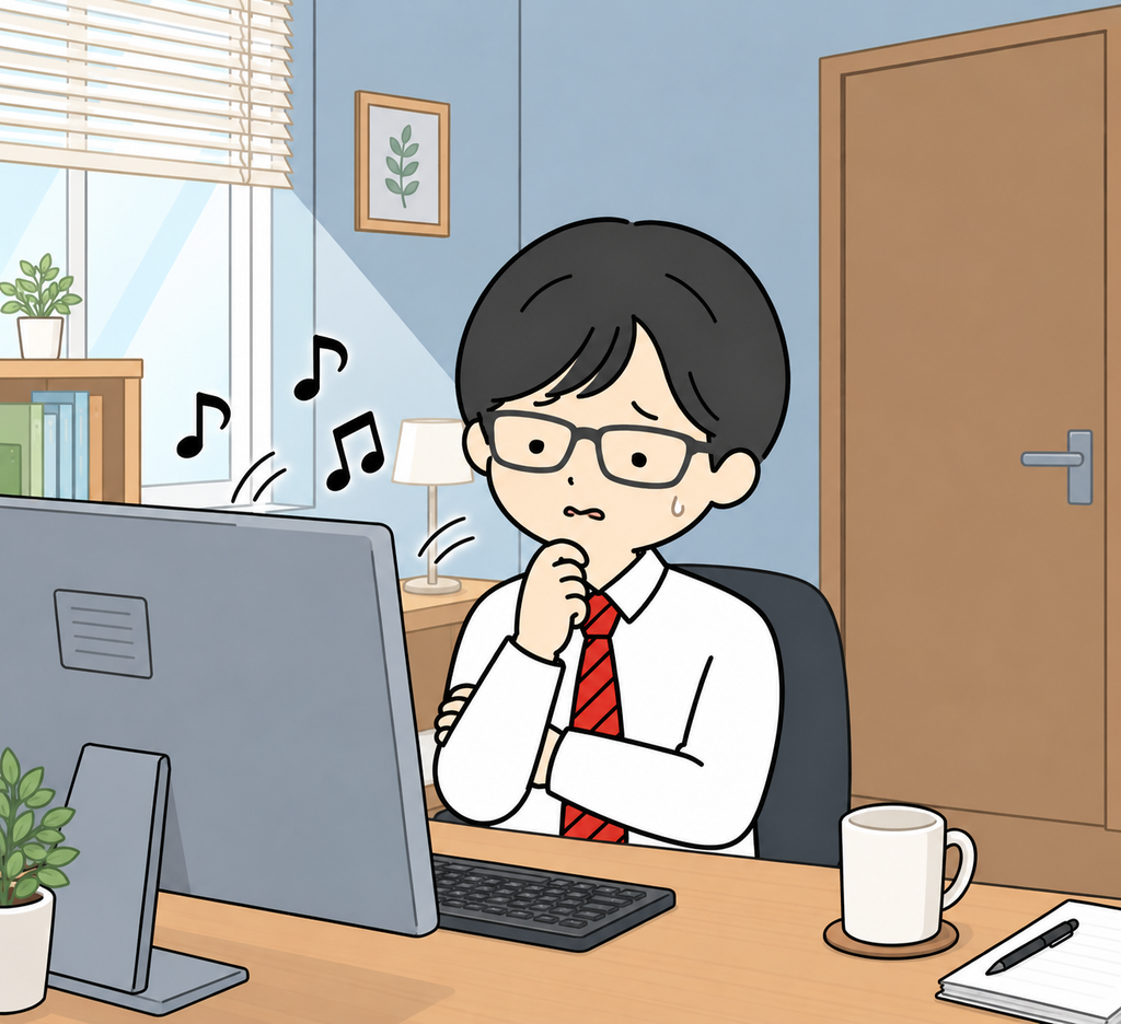 モニターのスピーカーに満足できない男性のイラスト