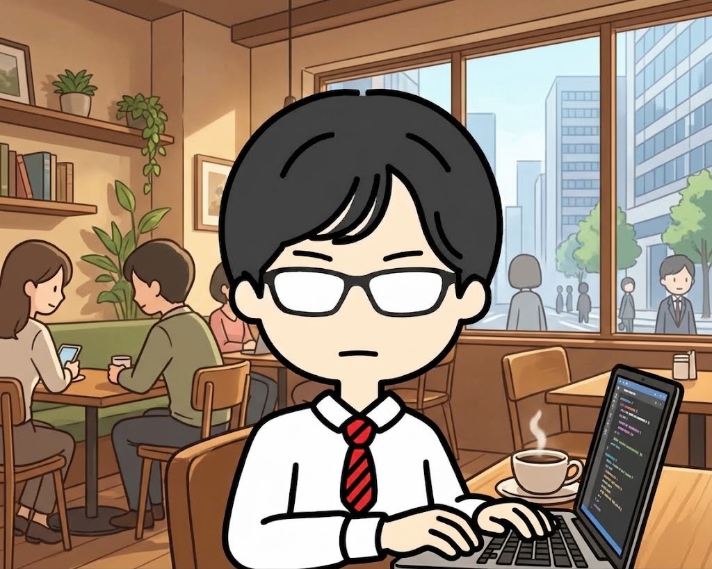 カフェでPC作業をする男性のイラスト