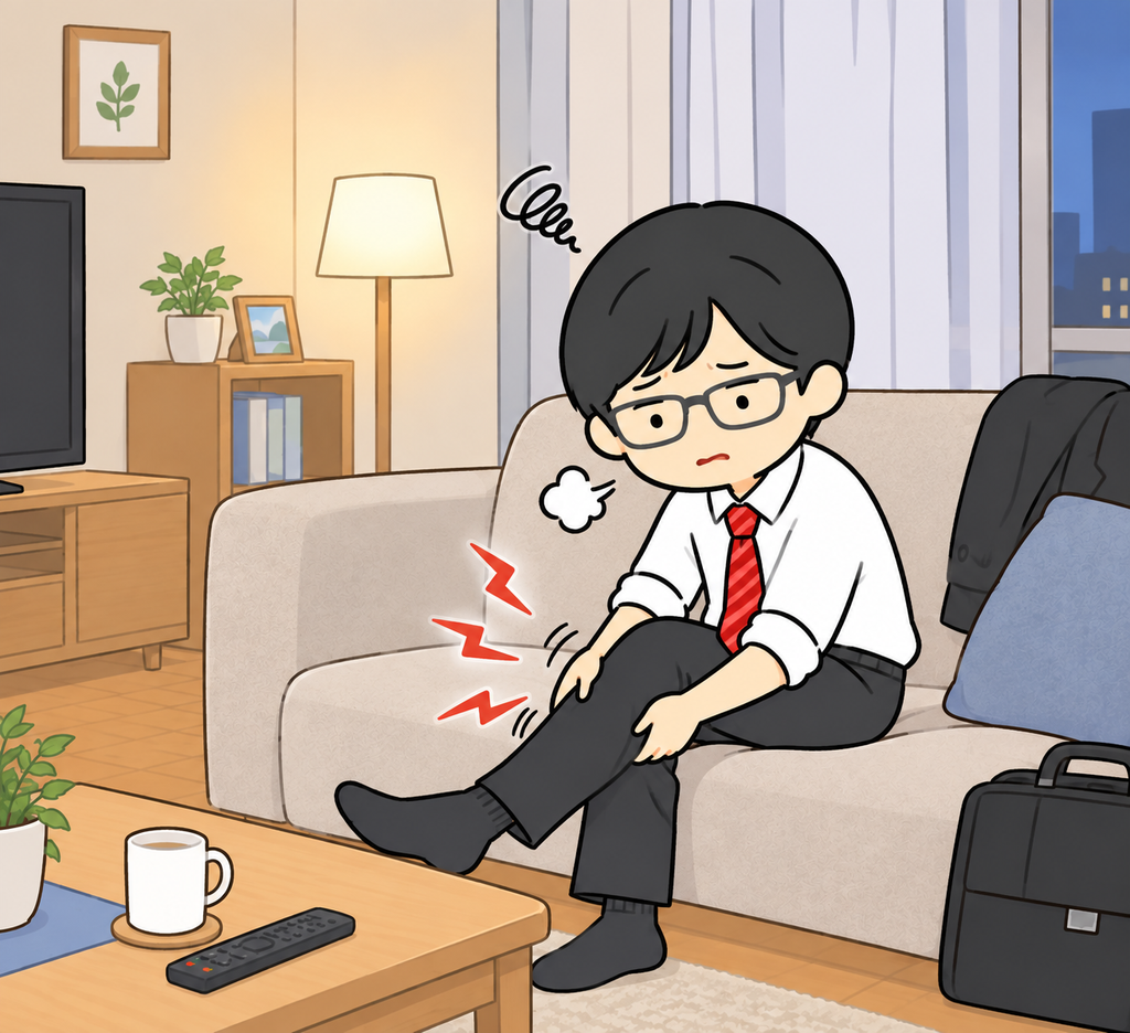 家に帰ってきて、疲れたふくらはぎを揉んでいる男性のイラスト