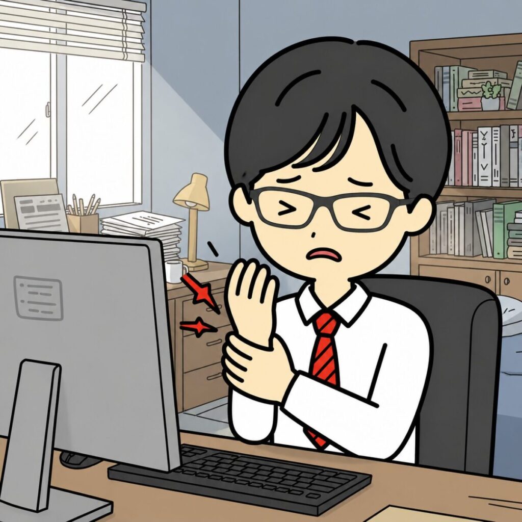 腕の痛みをきにしている男性のイラスト