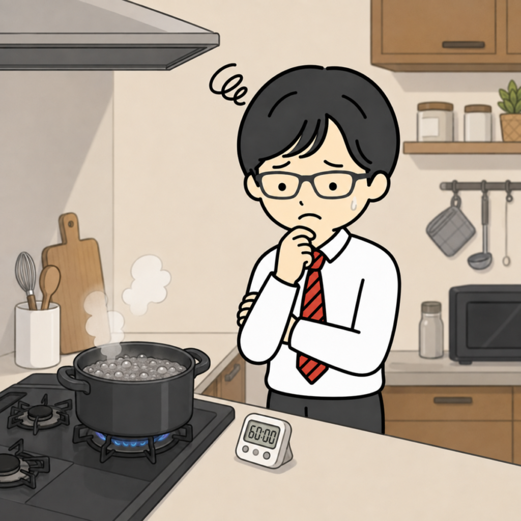 キッチンで火の加減を長時間確認するのに困っている男性のイラスト