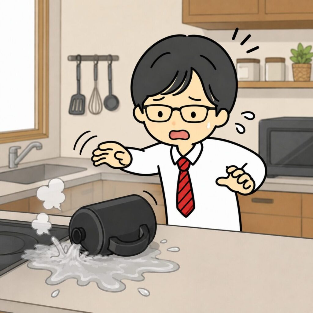 ケトルを倒して慌てている男性のイラスト