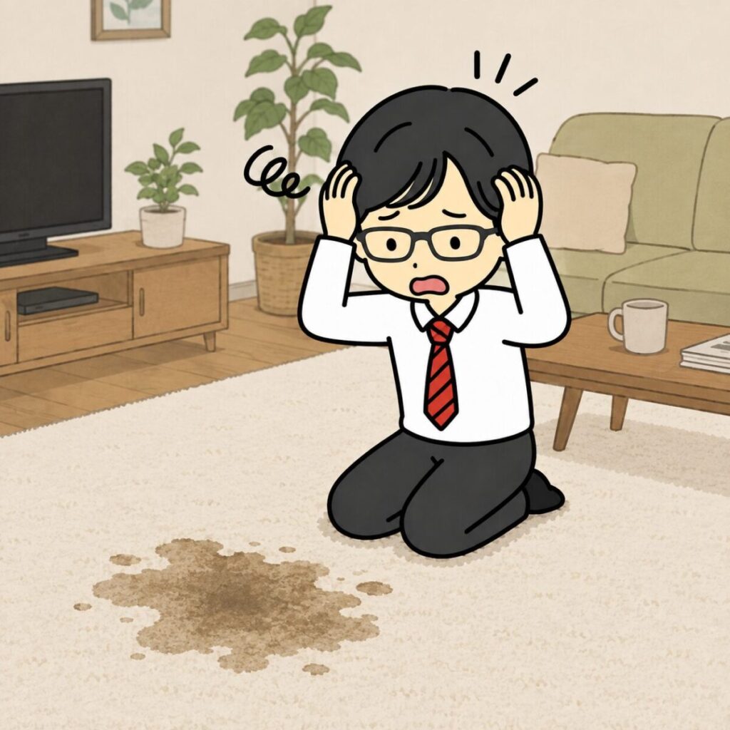 カーペットを汚してしまって頭を抱えている男性のイラスト