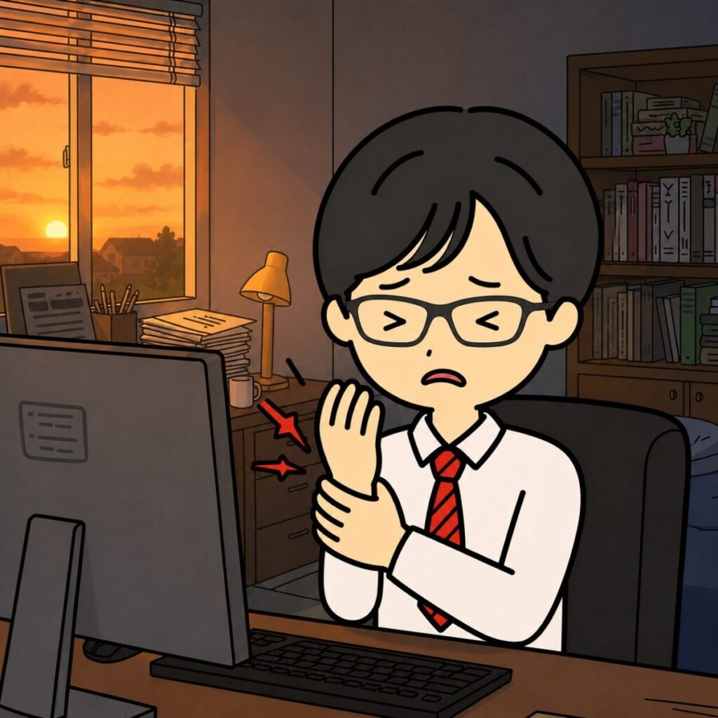 腕の痛みを気にしている男性のイラスト