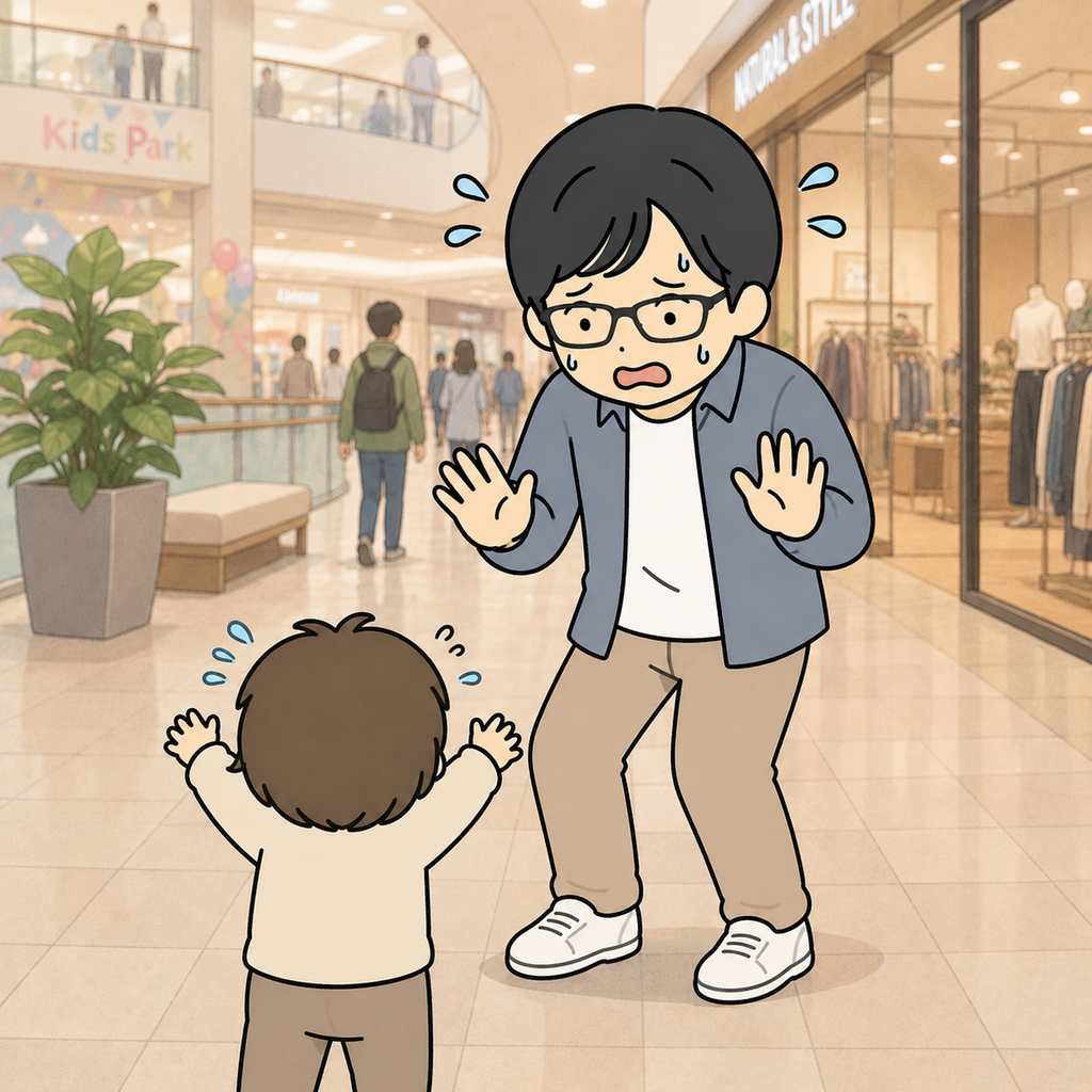 子供の抱っこ要請に困惑する男性の画像