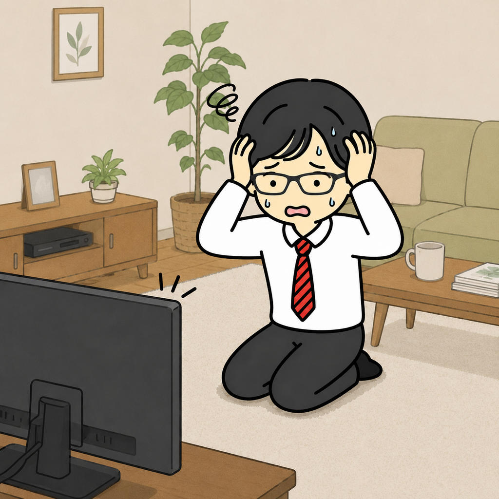 モニターを見ながら頭を抱える男性の画像