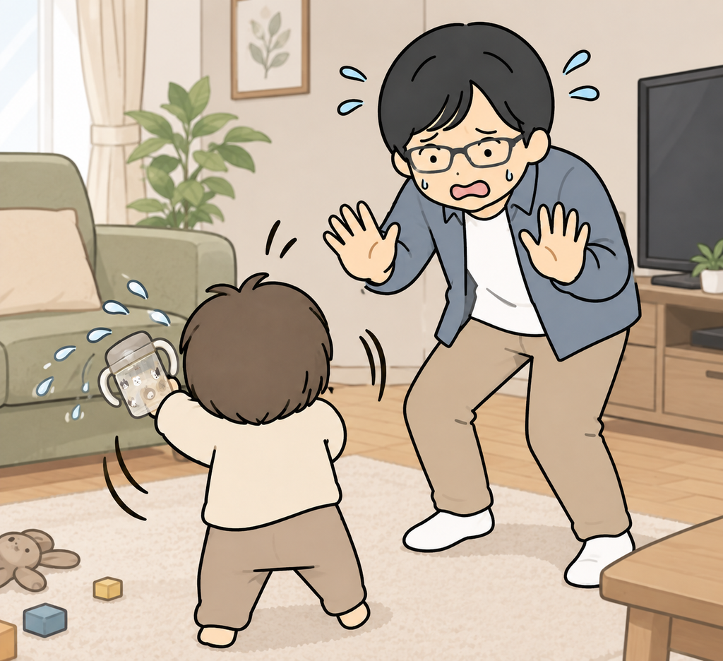 子供がベビーマグを振り回してしまって慌てている男性のイラスト